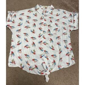 Love Notes Button Up Short Sleeve Size‎ Medium White Red Parakeet